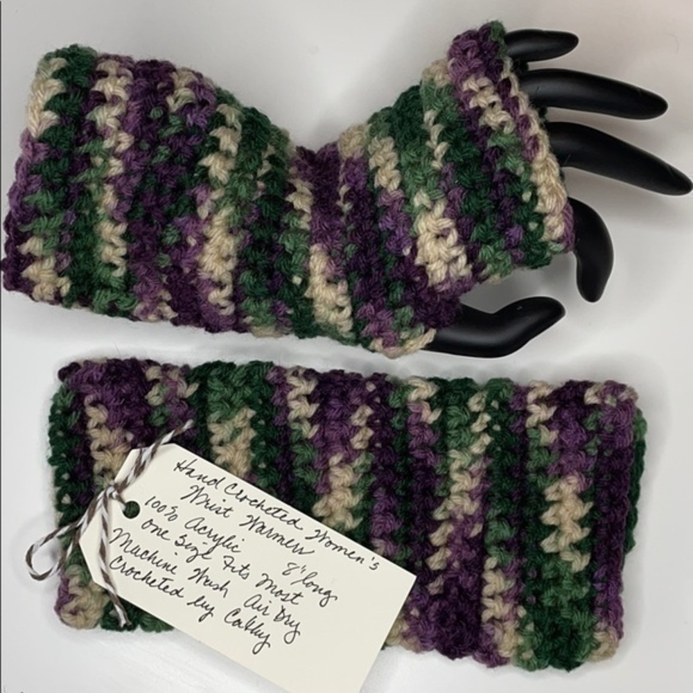 Handmade Fingerless Gloves OSFM Purple Green Tan Crochet Knit Contemporary